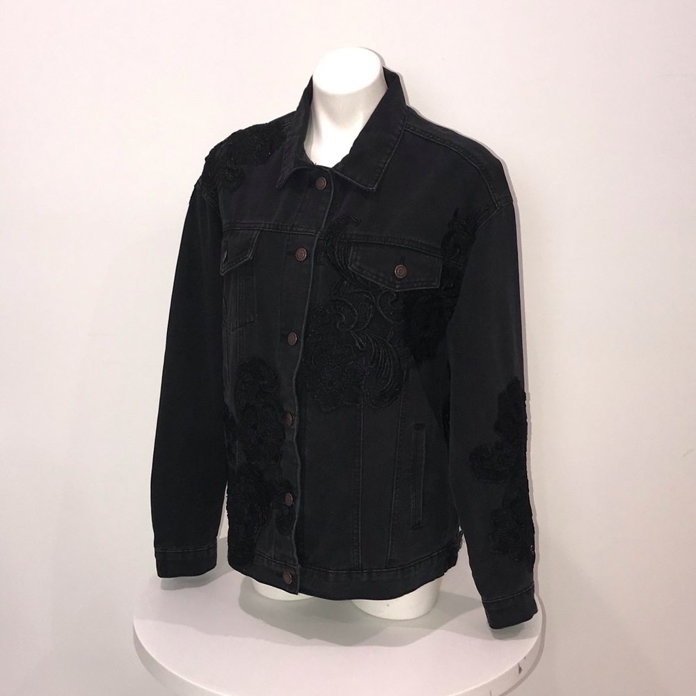 BNWT Custom Tsher Black Denim Jacket Lace Applique Ladies M